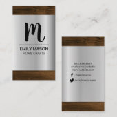 Monogramm | Silver Metallic Holz Grain Trim Visitenkarte (Vorne/Hinten)