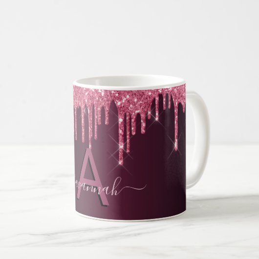 Monogramm-Skript für Burgundy-Glitzer-Tropfen Kaffeetasse (VorderseiteRechts)