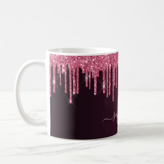 Monogramm-Skript für Burgundy-Glitzer-Tropfen Kaffeetasse (Links)
