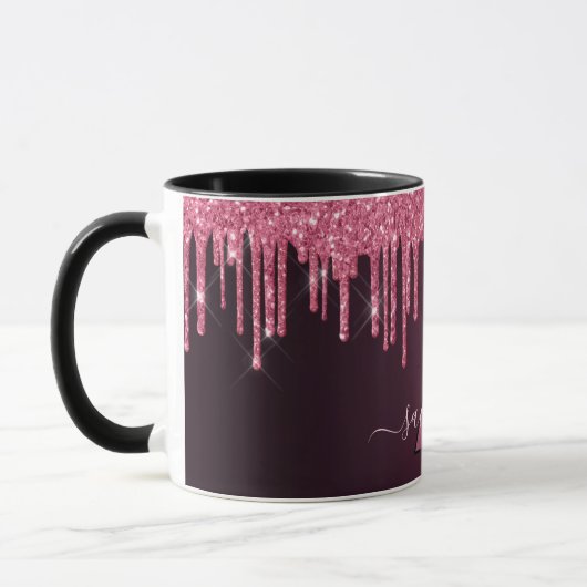 Monogramm-Skript für Burgundy-Glitzer-Tropfen Tasse (Links)