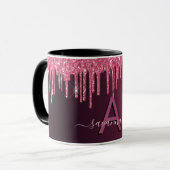 Monogramm-Skript für Burgundy-Glitzer-Tropfen Tasse (Vorderseite Links)