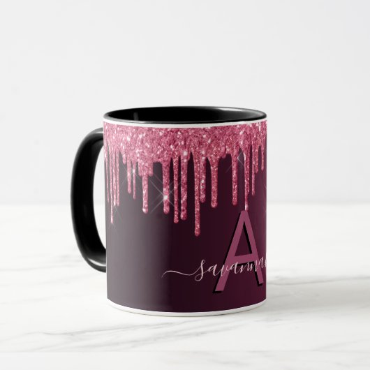 Monogramm-Skript für Burgundy-Glitzer-Tropfen Tasse (Vorderseite Links)