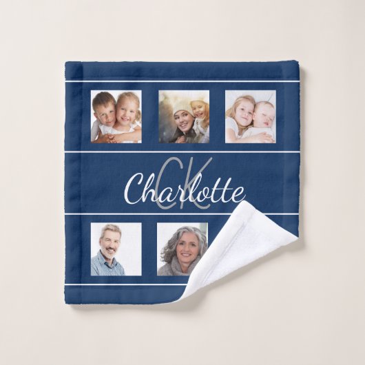 Monogramm-Skript für das blaue Foto Badhandtuch Set (Waschlappen)