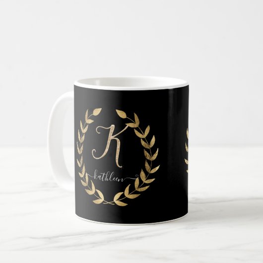 Monogramm Skript Letter K Black n Gold Name Kaffeetasse (Vorderseite Links)