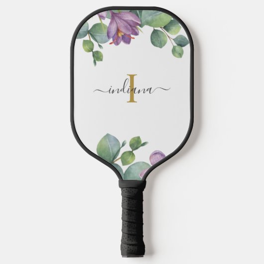 Monogramm Skriptname Eukalyptus Greenery Lila Pickleball Schläger (Vorderseite)