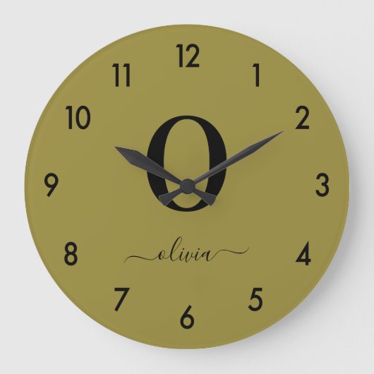 Monogramm Skriptname Personalisiert Gold und Schwa Große Wanduhr (Vorderseite)