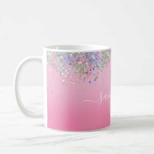 Monogramm Skriptname Rosa Glitzer Girly Glam Bling Kaffeetasse (Links)