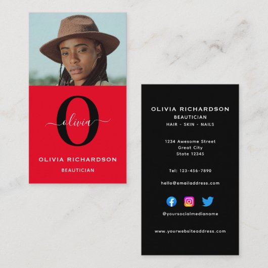 Monogramm Skriptname Schwarz-weißer Auftrag Vertik Visitenkarte (Vorne/Hinten)