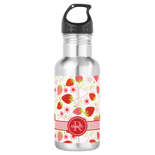 Monogramm Sommer Erdbeere Frucht Muster Edelstahlflasche (Vorderseite)