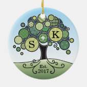 Monogramm-Sommer-Hochzeits-Patchwork-Muster-Baum Keramikornament (Hinten)