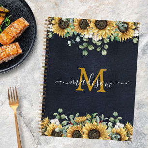 Monogramm Sonnenblume Eukalyptus Schwarzes Rezeptb Notizblock
