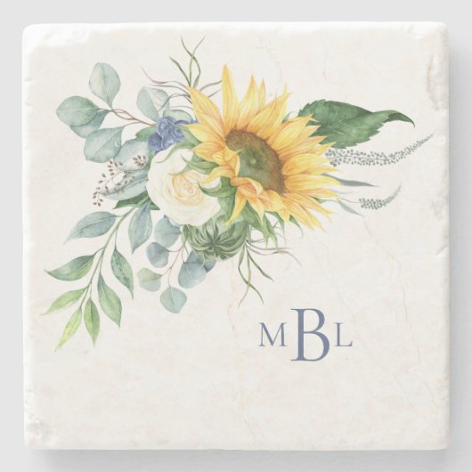 Monogramm Sonnenblume Eukalyptus Steinuntersetzer (Vorderseite)