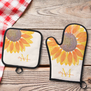Monogramm-Sonnenblume Ofenhandschuh & Topflappen-Set