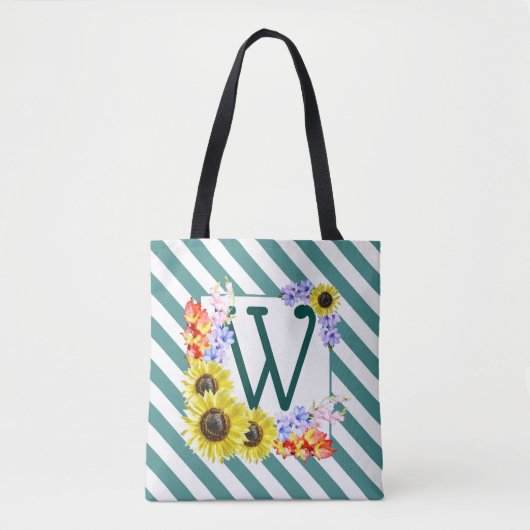 Monogramm Sonnenblumen Aquamarin Streifen Tasche (Vorderseite)