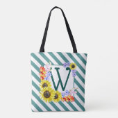 Monogramm Sonnenblumen Aquamarin Streifen Tasche (Rückseite)