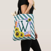 Monogramm Sonnenblumen Aquamarin Streifen Tasche (Von Nahem)