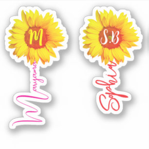 (Monogramm Sonnenblumen für Mädchen) handgeschrieb Aufkleber