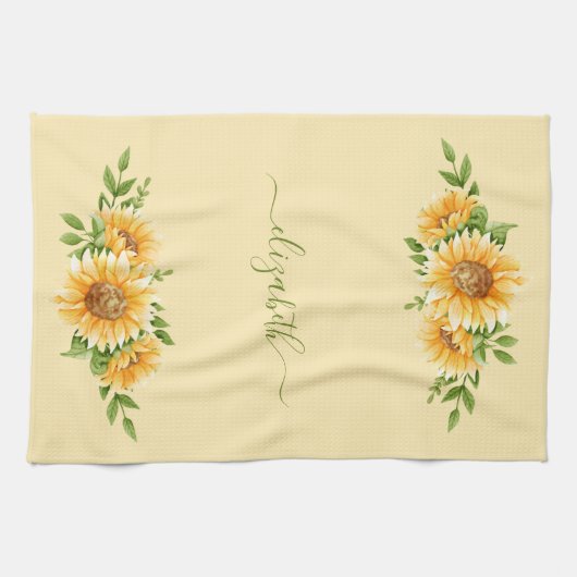 Monogramm Sonnenblumen Gelbgrüne Blume Geschirrtuch (Horizontal)