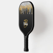 Monogramm-Sparkon für den Gold Silver Glitzer Trop Pickleball Schläger (Links)