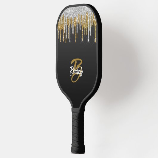 Monogramm-Sparkon für den Gold Silver Glitzer Trop Pickleball Schläger (Links)