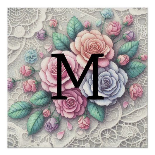Monogramm Spitze blass rosa lila blaue Rose Poster (Vorderseite)