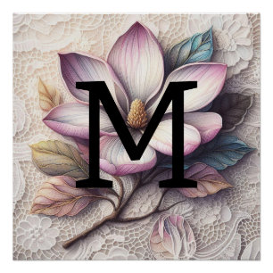 Monogramm Spitze Blumenrosa lila Magnolische Blume Poster