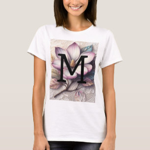 Monogramm Spitze Blumenrosa lila Magnolische Blume T-Shirt