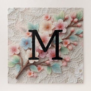 Monogramm Spitze Blütenpinke Pastellblüte Puzzle