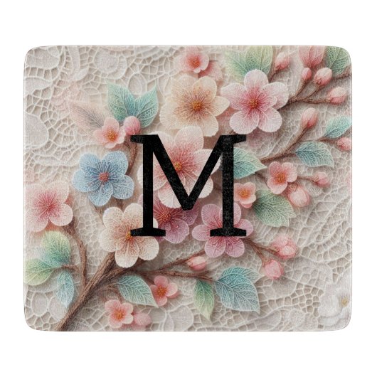 Monogramm Spitze Blütenpinke Pastellblüte Schneidebrett (Vorderseite)