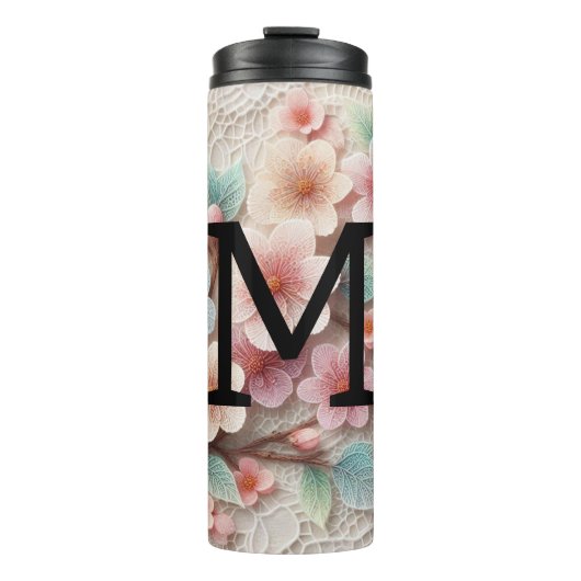 Monogramm Spitze Blütenpinke Pastellblüte Thermosbecher (Vorderseite)