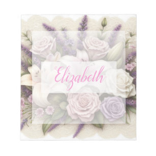 Monogramm-Spitze floral lila Rosen Lavendel Lilien Notizblock