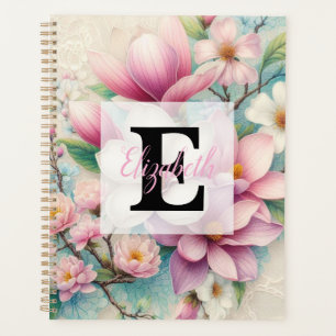 Monogramm-Spitze floral rosa lila Magnolienblüte Planer