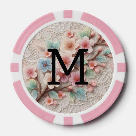 Monogramm-Spitze floral rosa pastell Kirschblüte Pokerchips (Vorderseite)