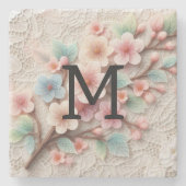 Monogramm-Spitze floral rosa pastell Kirschblüte Steinuntersetzer (Vorderseite)
