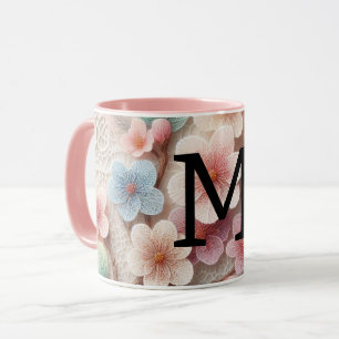 Monogramm-Spitze floral rosa pastellfarbene Kirsch Tasse