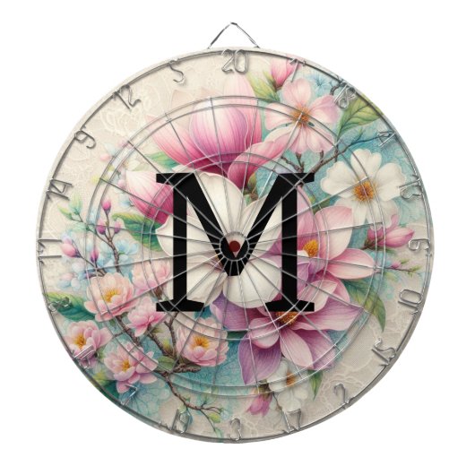 Monogramm-Spitze rosa violette Magnolienblüten Dartscheibe (vorne)