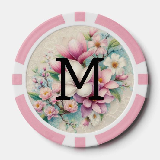 Monogramm-Spitze rosa violette Magnolienblüten Pokerchips (Vorderseite)