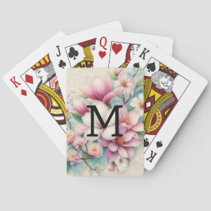 Monogramm-Spitze rosa violette Magnolienblüten  Spielkarten
