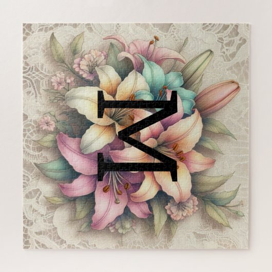 Monogramm Spitzen blorrosa aquamarine Lilien Puzzle (Horizontal)