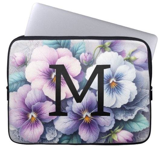 Monogramm Spitzen Blumenrosa lila Stiefmütterchen  Laptopschutzhülle (Vorderseite)