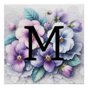 Monogramm Spitzen Blumenrosa lila Stiefmütterchen  Poster