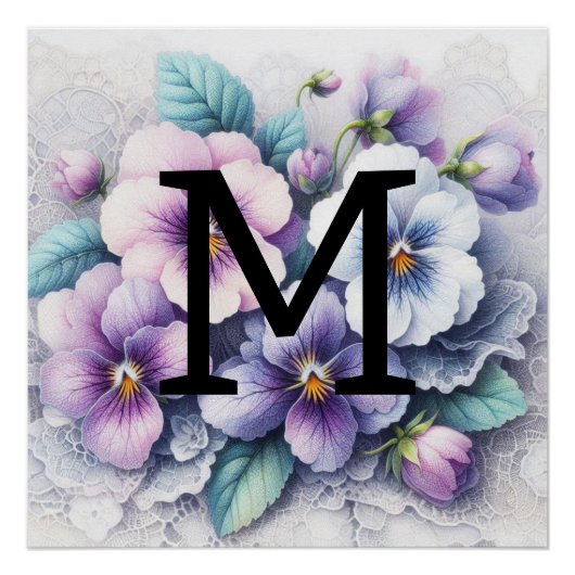 Monogramm Spitzen Blumenrosa lila Stiefmütterchen Poster (Vorderseite)