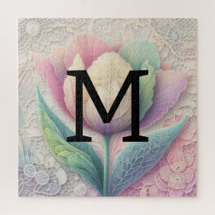 Monogramm Spitzen Blütenrosa lila blaue Tulpenlipp Puzzle