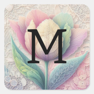 Monogramm Spitzen Blütenrosa lila blaue Tulpenlipp Quadratischer Aufkleber
