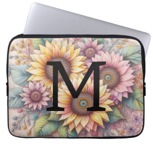 Monogramm Spitzen Floralrosa Gelb-Orangenblüten Laptopschutzhülle