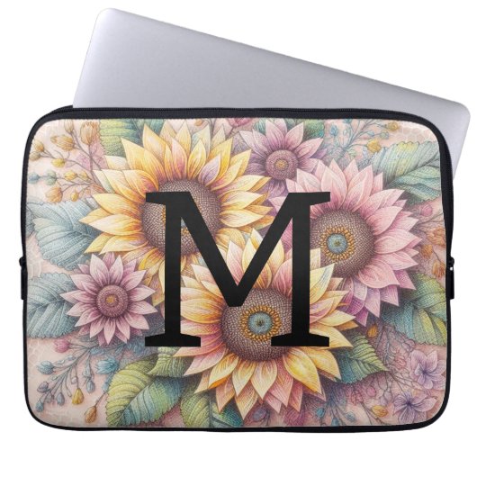 Monogramm Spitzen Floralrosa Gelb-Orangenblüten Laptopschutzhülle (Vorderseite)
