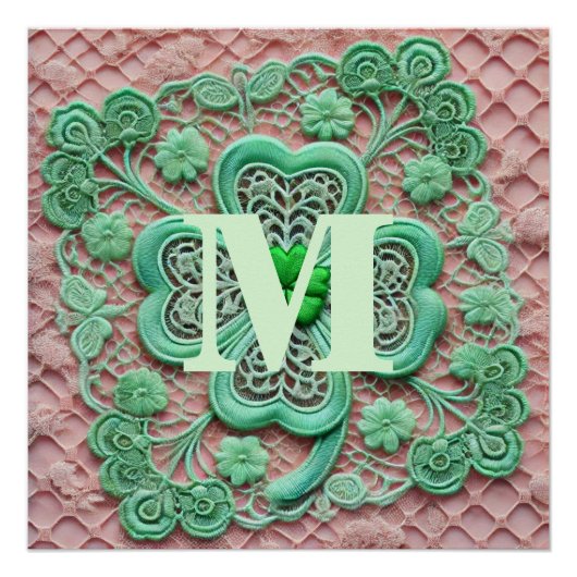 Monogramm Spitzen-grünes Kleeblatt St Patrick's Da Poster (Vorderseite)