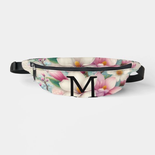 Monogramm Spitzen rosa lila Magnolien Blume Bauchtasche (Vorderseite)