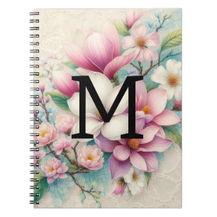 Monogramm Spitzen rosa lila Magnolien Blume Notizblock