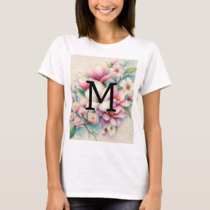 Monogramm Spitzen rosa lila Magnolien Blume T-Shirt